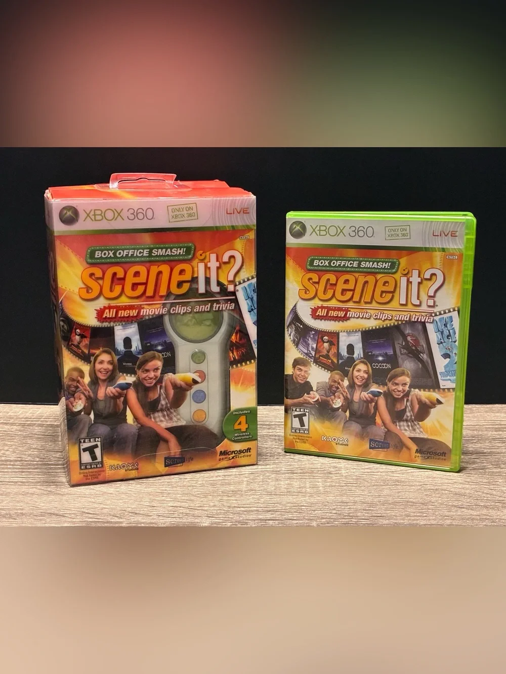 SCENE IT? Box Office Smash Bundle (Xbox 360, 2008 Disc + 4 Controllers) CIB VGC